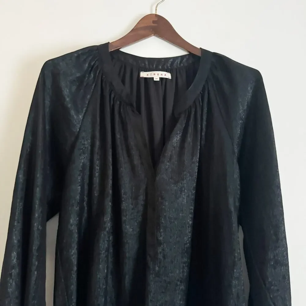 XIRENA Farrah Poplin Split Neck Top Shimmer Black Medium M - Picture 4 of 8